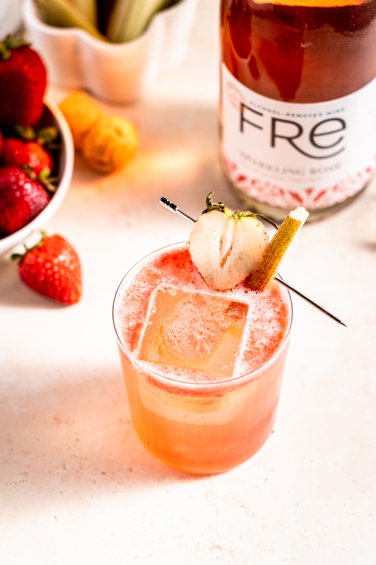 Strawberry Rhubarb Rosé Spritzer Mocktail, rhubarb mocktail, mocktail recipe, mocktail, sparkling rose, rose wine, fre wine, fre wines, fre