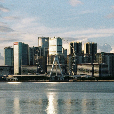 City scape with buildings, a body of water, and a ferris wheel