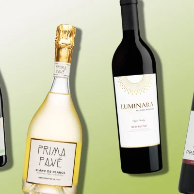 Several bottles of non-alcoholic wines, including Prima Pavé blanc de blancs and Luminara red blend