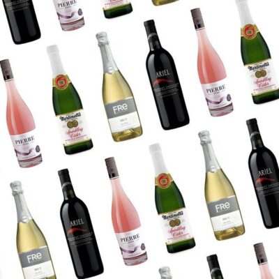 Montage showing rows of wine bottles featured in the article, including Fre Brut sparkling non-alcoholic white wine
