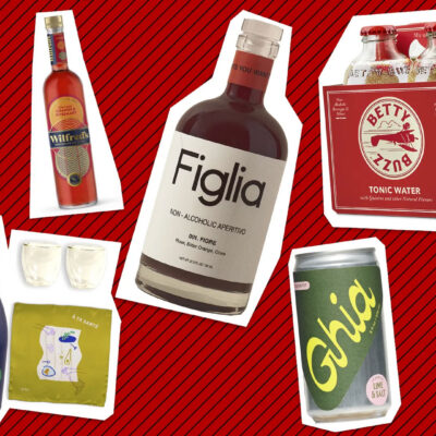 Montage of various non-alcoholic drink pictures cut out and placed on a red background