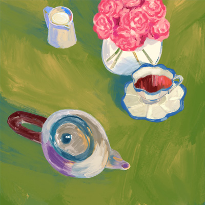 City Guide - Art - colorful painting that shows looking down from above to a table surface holding a teapot, teacup, pitcher of milk, and vase with flowers
