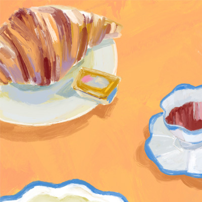 City Guide - Dine - a painting looking down from above to a table surface that holds a plated croissant and a cup of coffee