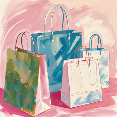 City Guide - Shopping - a colorful painting of shopping bags with an abstracted background