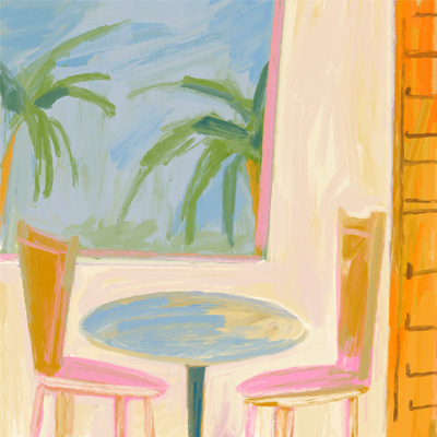 City Guide - Stay - a painting that shows a cafe table and chairs with a window above the table that looks out at a sunny scene with palm trees and blue sky