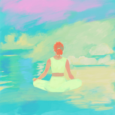 City Guide - Wellness - a colorful painting of a female figure in lotus position facing away with an abstracted background