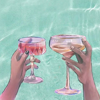 Illustration of two hands holding mocktails with a swimming pool in the background
