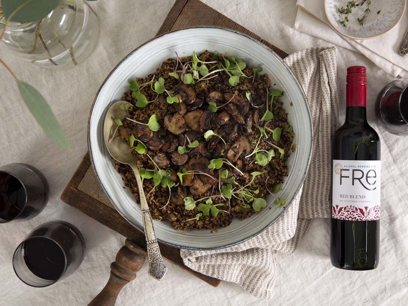 FRE alcohol-removed Red wine pairing with portabella mushroom quinoa risotto