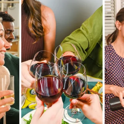 A photo triptych each showing a different couple at home, holding, pouring, or toasting with wine glasses