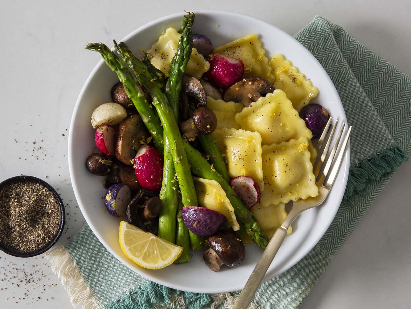 Roasted vegetable primavera ravioli to pair with FRE alcohol-removed Chardonnay