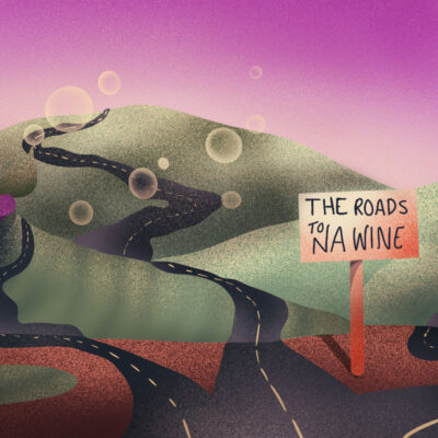 Illustration of hills with roads running over them decorated with bunches of grapes and a signpost that reads "The roads to NA (non-alcoholic) wine"